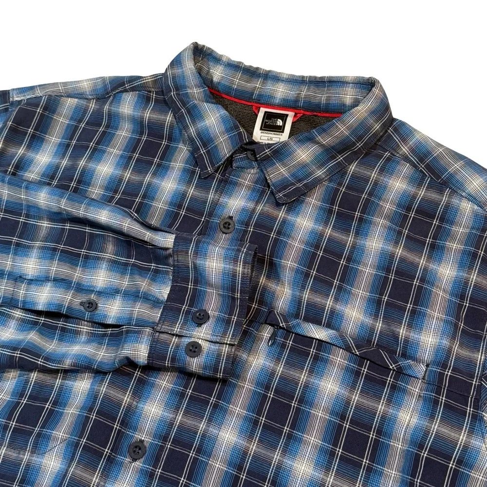 The North Face Mens Large Blue Plaid Button Up Long‎ Sleeve Shirt Modal Hiking